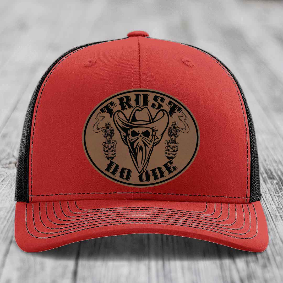 Trust No One - Leather Patch Hat - Dark Brown to Black Patch - Richardson 112 Snapback Trucker Hat