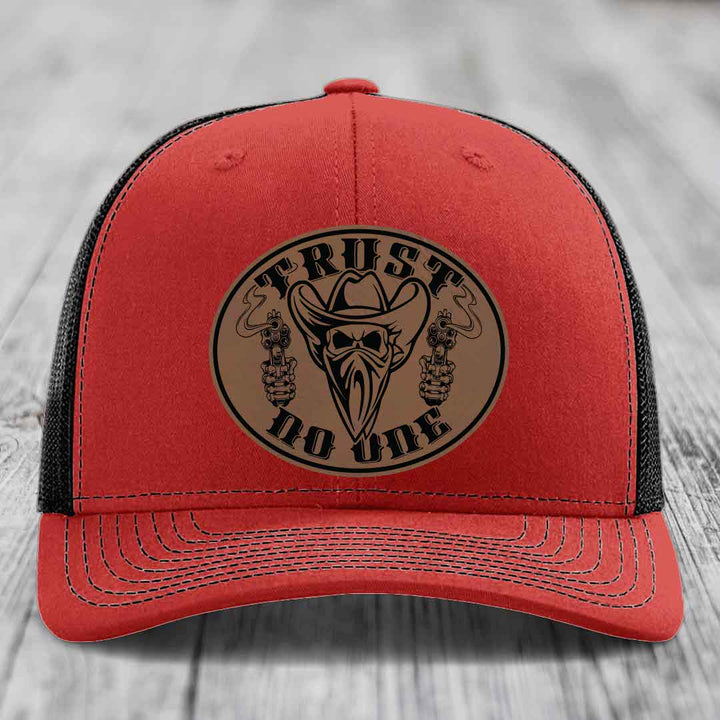 Trust No One - Leather Patch Hat - Dark Brown to Black Patch - Richardson 112 Snapback Trucker Hat