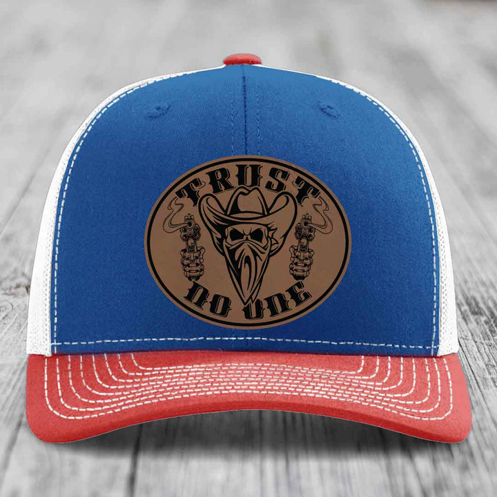 Trust No One - Leather Patch Hat - Dark Brown to Black Patch - Richardson 112 Snapback Trucker Hat