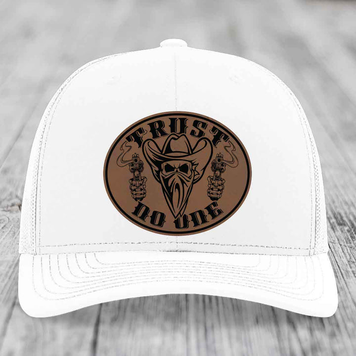 Trust No One - Leather Patch Hat - Dark Brown to Black Patch - Richardson 112 Snapback Trucker Hat