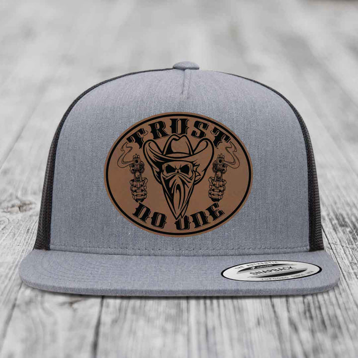 Trust No One - Leather Patch Hat - Dark Brown to Black Patch - Yupoong 6006 Snapback Flatbill Hat