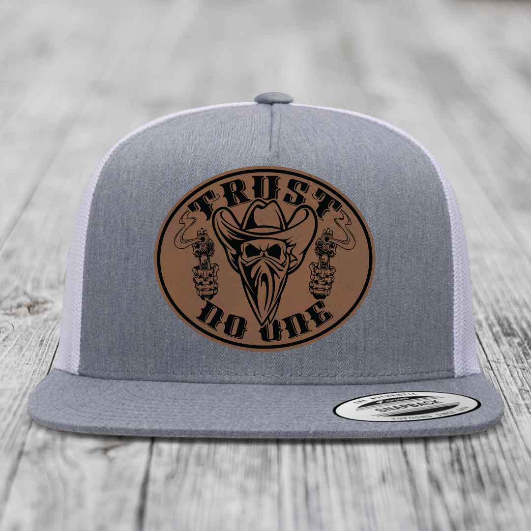 Trust No One - Leather Patch Hat - Dark Brown to Black Patch - Yupoong 6006 Snapback Flatbill Hat