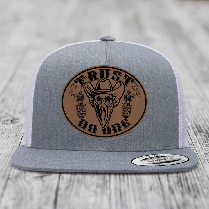 Trust No One - Leather Patch Hat - Dark Brown to Black Patch - Yupoong 6006 Snapback Flatbill Hat