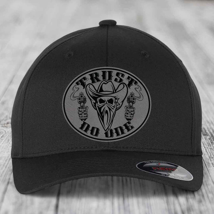 Trust No One - Leather Patch Hat - Grey to Black Patch - Flexfit 6277 Fitted Hat