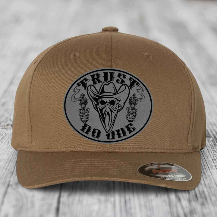 Trust No One - Leather Patch Hat - Grey to Black Patch - Flexfit 6277 Fitted Hat