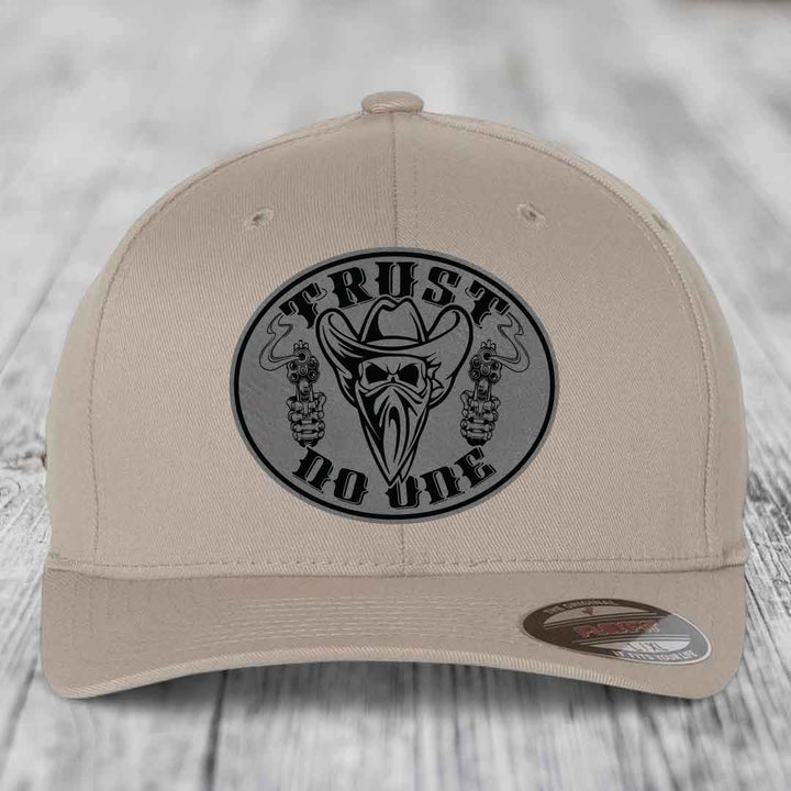 Trust No One - Leather Patch Hat - Grey to Black Patch - Flexfit 6277 Fitted Hat