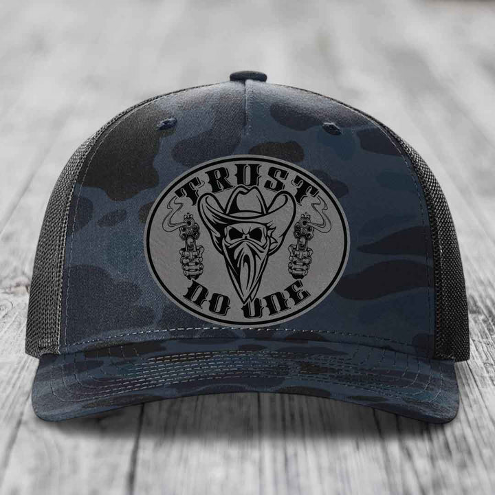 Trust No One - Leather Patch Hat - Grey to Black Patch - Richardson 112PFP Snapback Trucker Hat