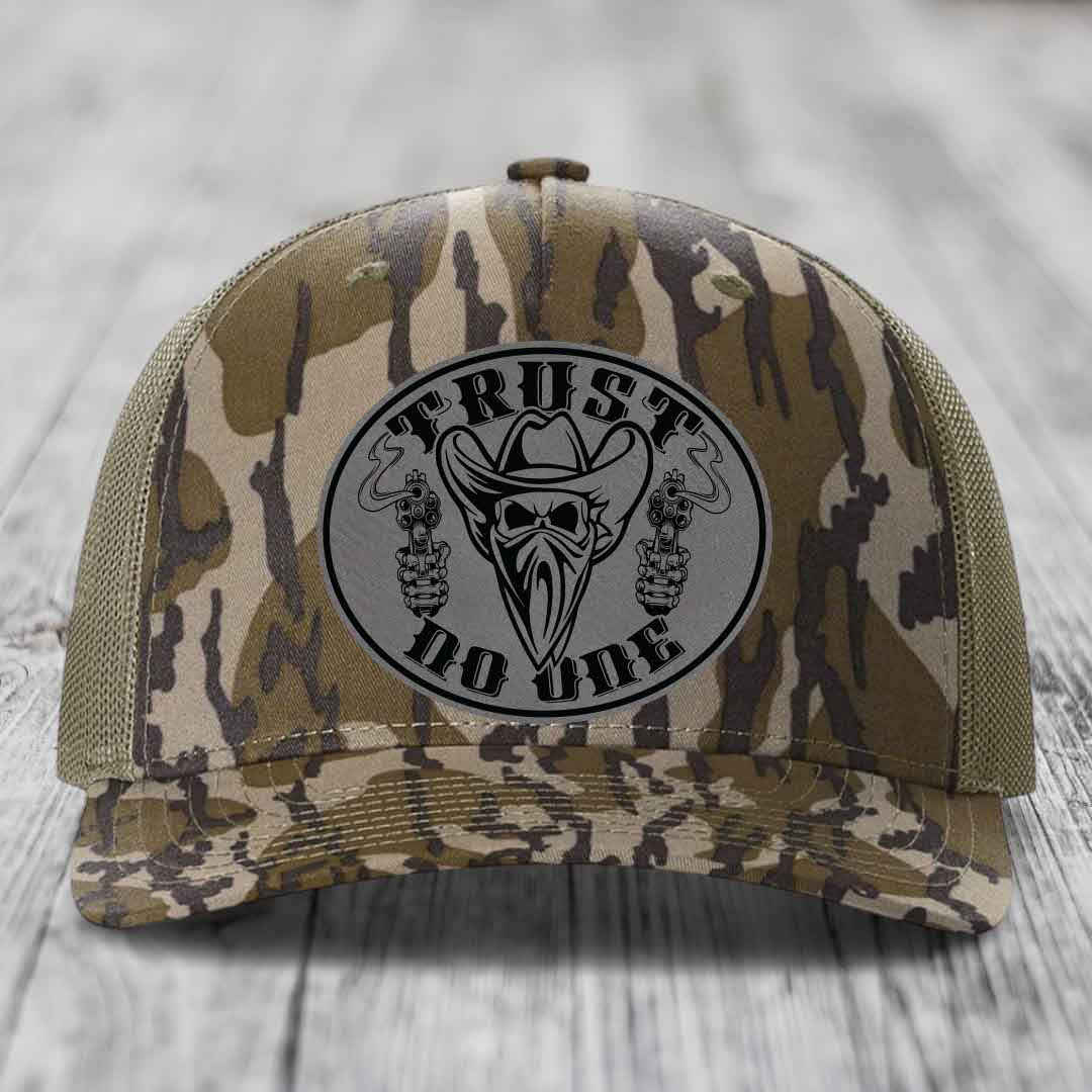 Trust No One - Leather Patch Hat - Grey to Black Patch - Richardson 112PFP Snapback Trucker Hat