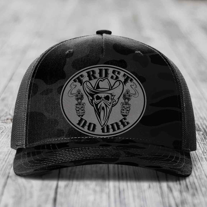 Trust No One - Leather Patch Hat - Grey to Black Patch - Richardson 112PFP Snapback Trucker Hat