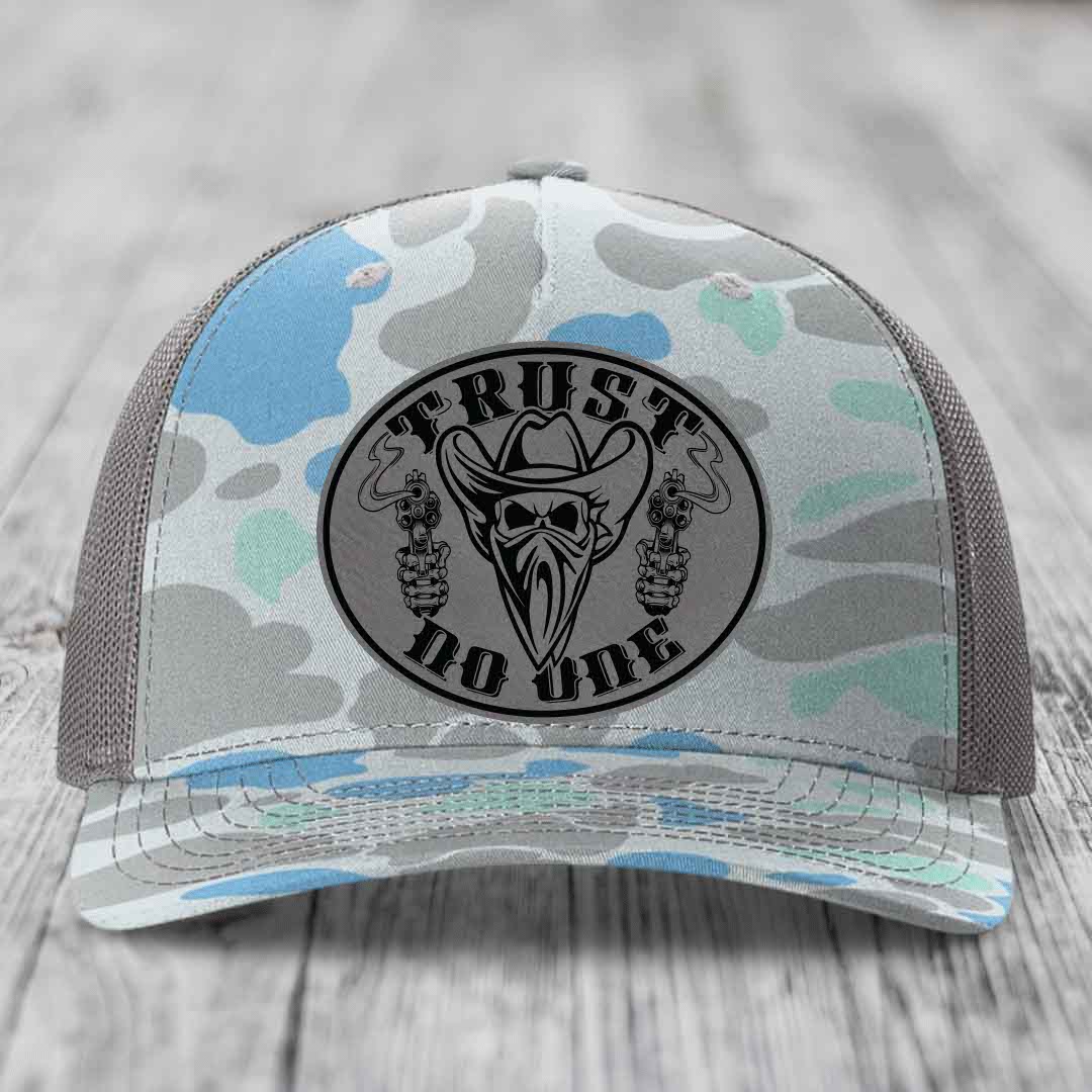 Trust No One - Leather Patch Hat - Grey to Black Patch - Richardson 112PFP Snapback Trucker Hat