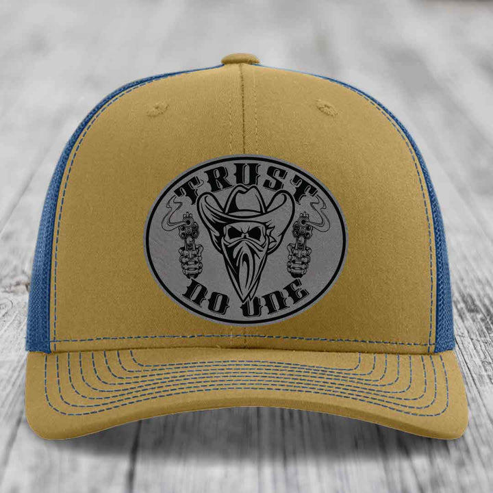 Trust No One - Leather Patch Hat - Grey to Black Patch - Richardson 112 Snapback Trucker Hat