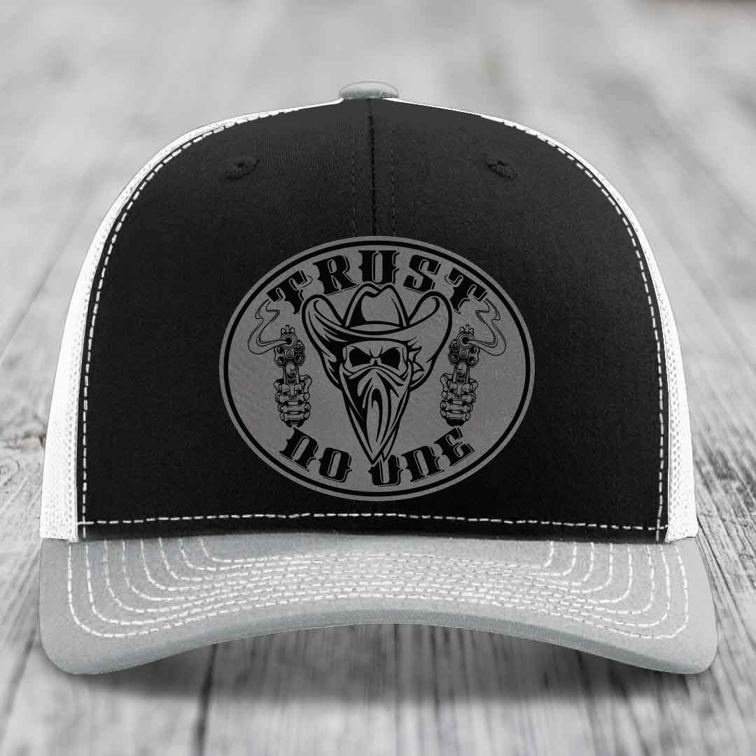 Trust No One - Leather Patch Hat - Grey to Black Patch - Richardson 112 Snapback Trucker Hat