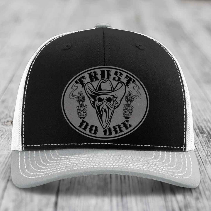 Trust No One - Leather Patch Hat - Grey to Black Patch - Richardson 112 Snapback Trucker Hat