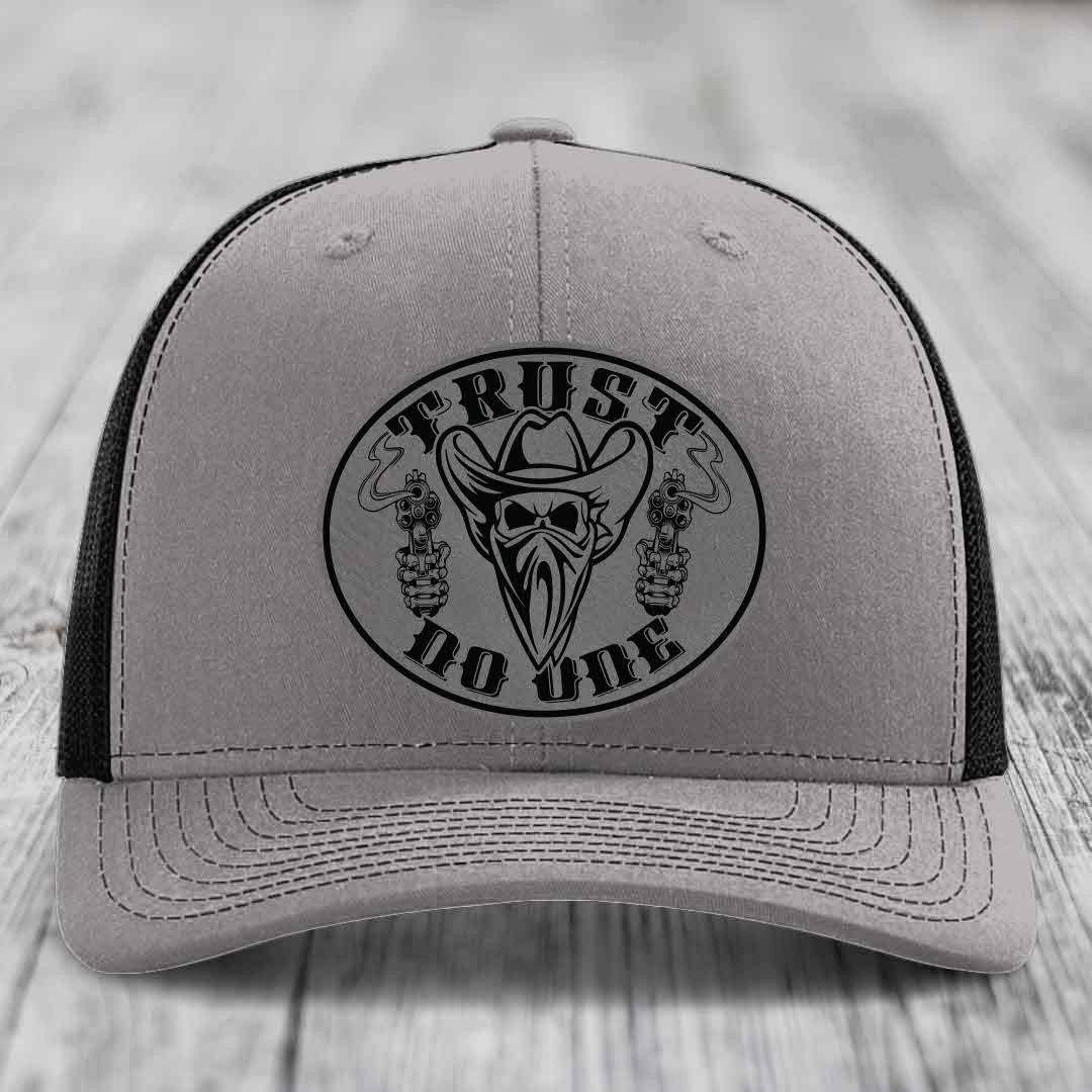 Trust No One - Leather Patch Hat - Grey to Black Patch - Richardson 112 Snapback Trucker Hat