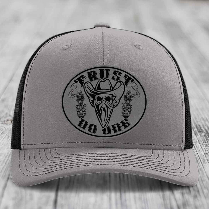 Trust No One - Leather Patch Hat - Grey to Black Patch - Richardson 112 Snapback Trucker Hat