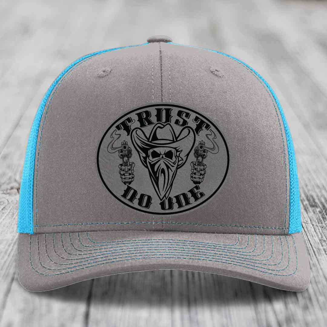 Trust No One - Leather Patch Hat - Grey to Black Patch - Richardson 112 Snapback Trucker Hat
