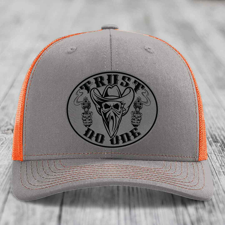 Trust No One - Leather Patch Hat - Grey to Black Patch - Richardson 112 Snapback Trucker Hat