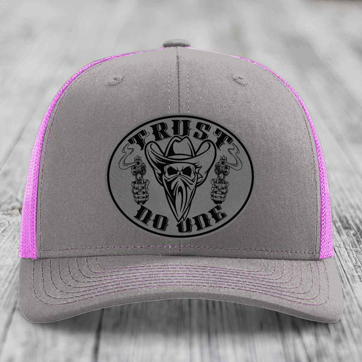 Trust No One - Leather Patch Hat - Grey to Black Patch - Richardson 112 Snapback Trucker Hat