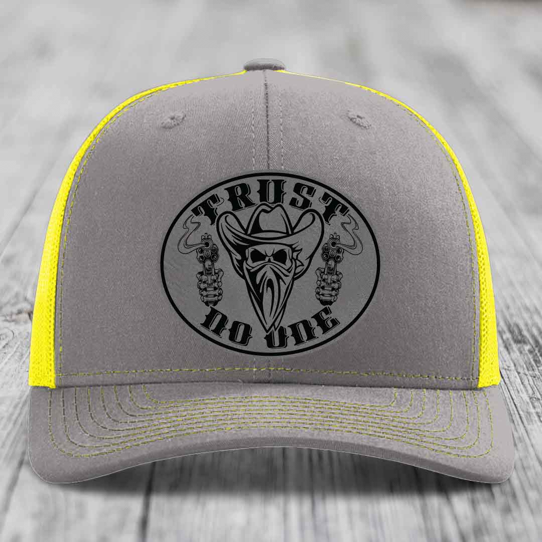 Trust No One - Leather Patch Hat - Grey to Black Patch - Richardson 112 Snapback Trucker Hat