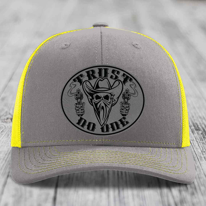 Trust No One - Leather Patch Hat - Grey to Black Patch - Richardson 112 Snapback Trucker Hat