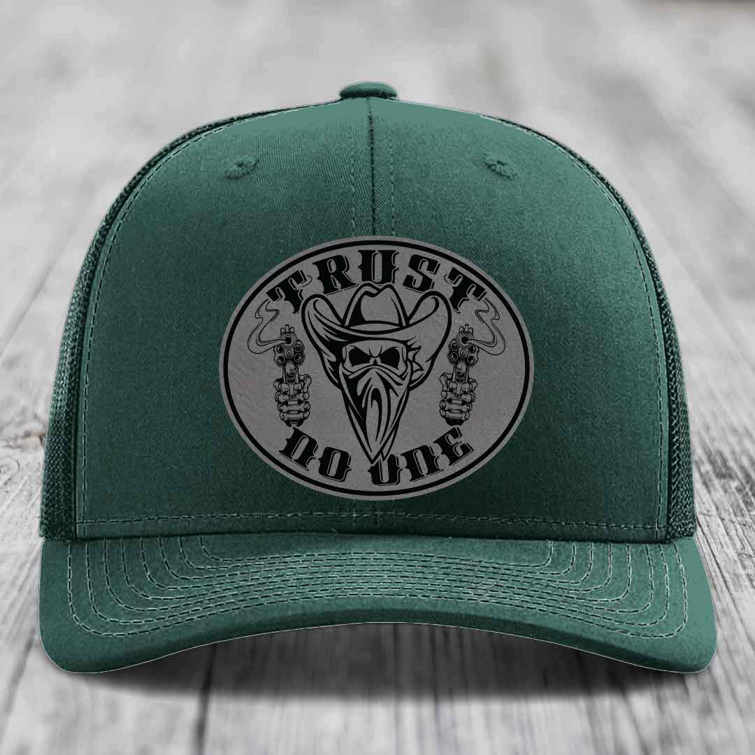 Trust No One - Leather Patch Hat - Grey to Black Patch - Richardson 112 Snapback Trucker Hat
