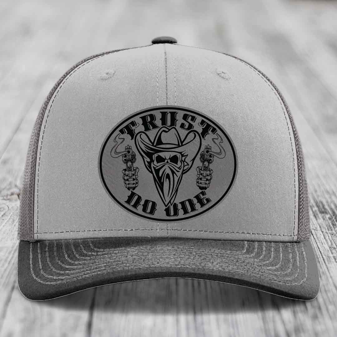 Trust No One - Leather Patch Hat - Grey to Black Patch - Richardson 112 Snapback Trucker Hat