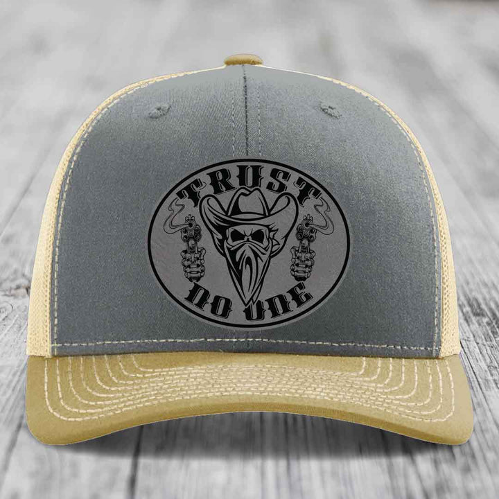 Trust No One - Leather Patch Hat - Grey to Black Patch - Richardson 112 Snapback Trucker Hat