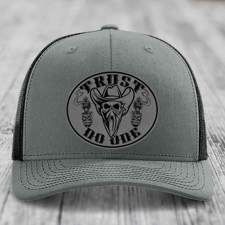 Trust No One - Leather Patch Hat - Grey to Black Patch - Richardson 112 Snapback Trucker Hat