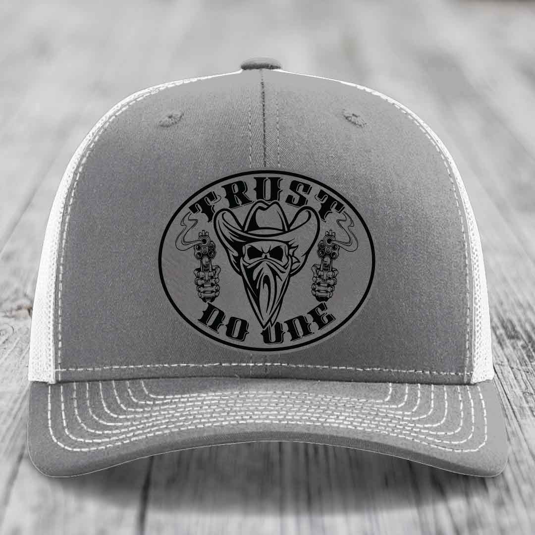 Trust No One - Leather Patch Hat - Grey to Black Patch - Richardson 112 Snapback Trucker Hat