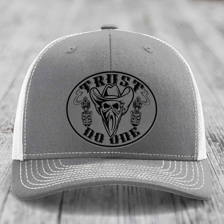 Trust No One - Leather Patch Hat - Grey to Black Patch - Richardson 112 Snapback Trucker Hat