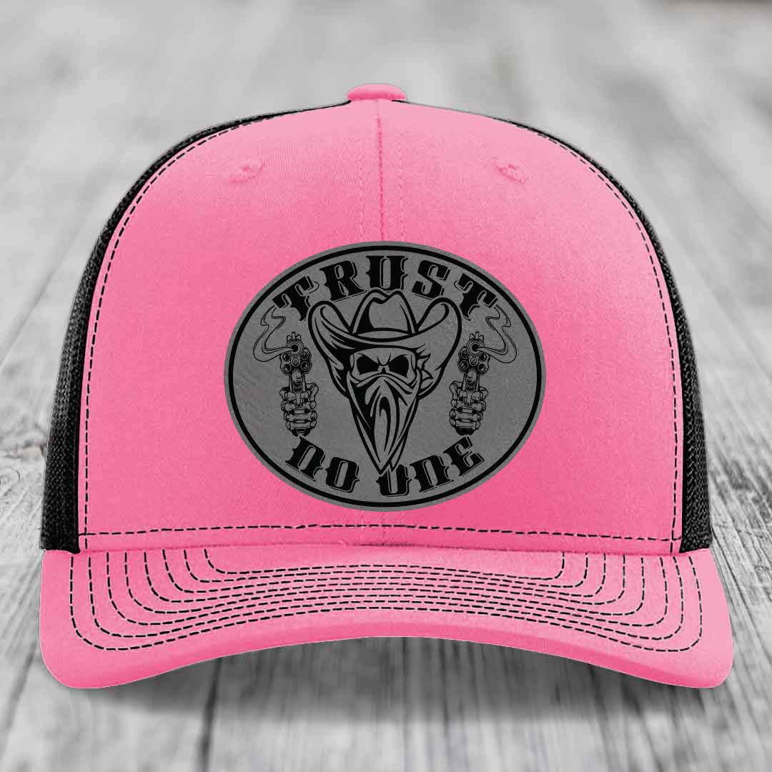 Trust No One - Leather Patch Hat - Grey to Black Patch - Richardson 112 Snapback Trucker Hat