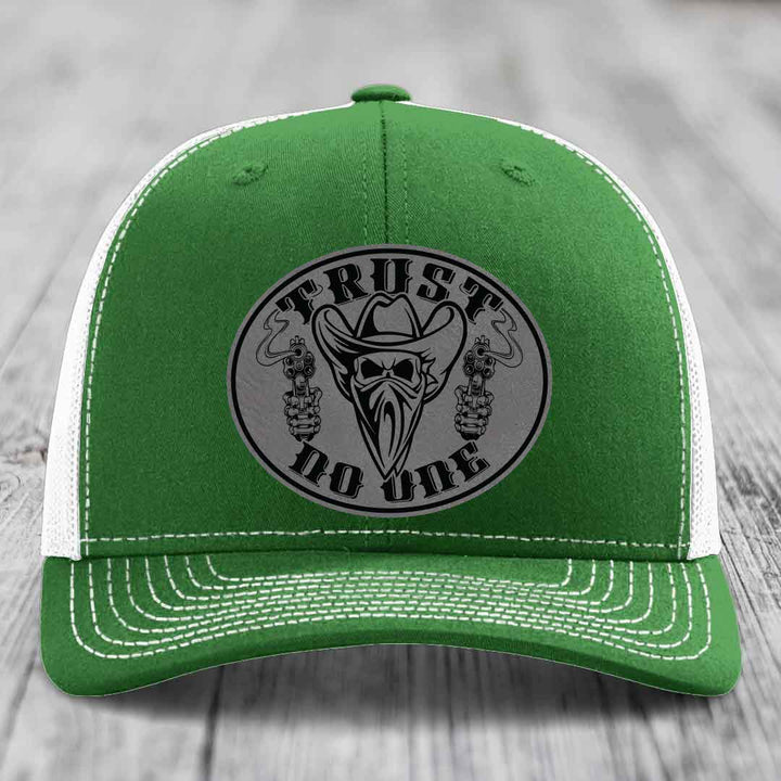 Trust No One - Leather Patch Hat - Grey to Black Patch - Richardson 112 Snapback Trucker Hat