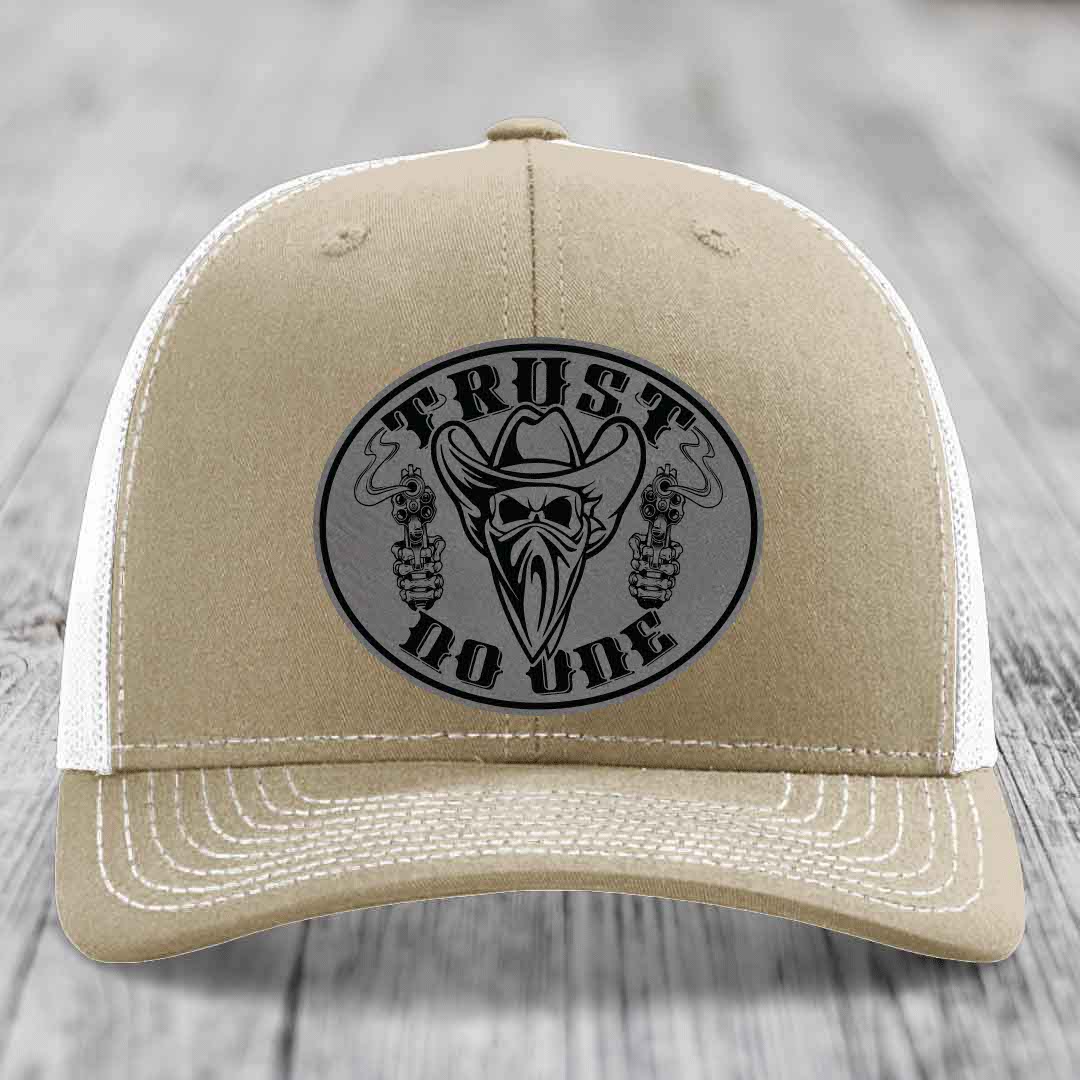 Trust No One - Leather Patch Hat - Grey to Black Patch - Richardson 112 Snapback Trucker Hat