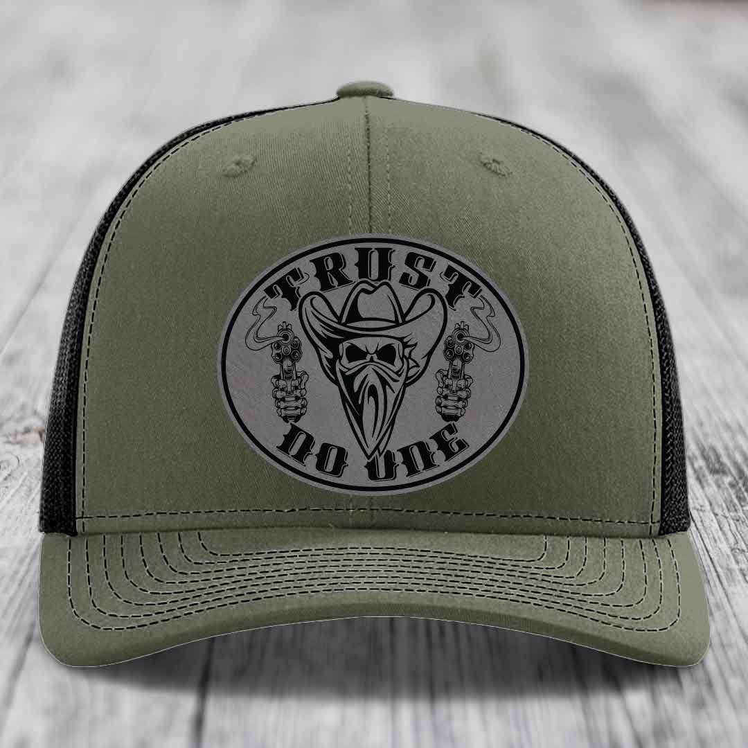 Trust No One - Leather Patch Hat - Grey to Black Patch - Richardson 112 Snapback Trucker Hat