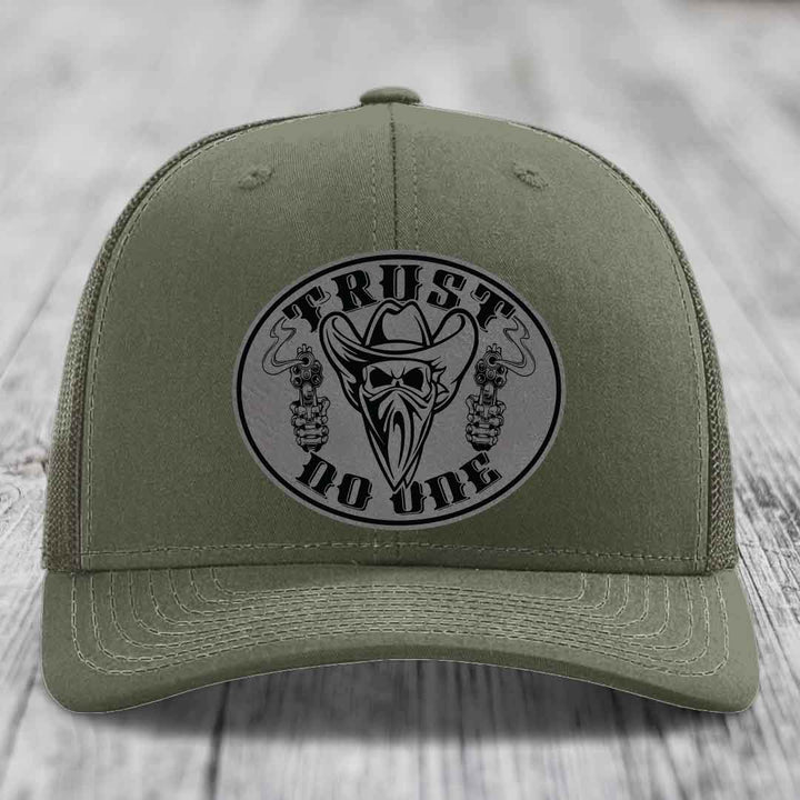Trust No One - Leather Patch Hat - Grey to Black Patch - Richardson 112 Snapback Trucker Hat