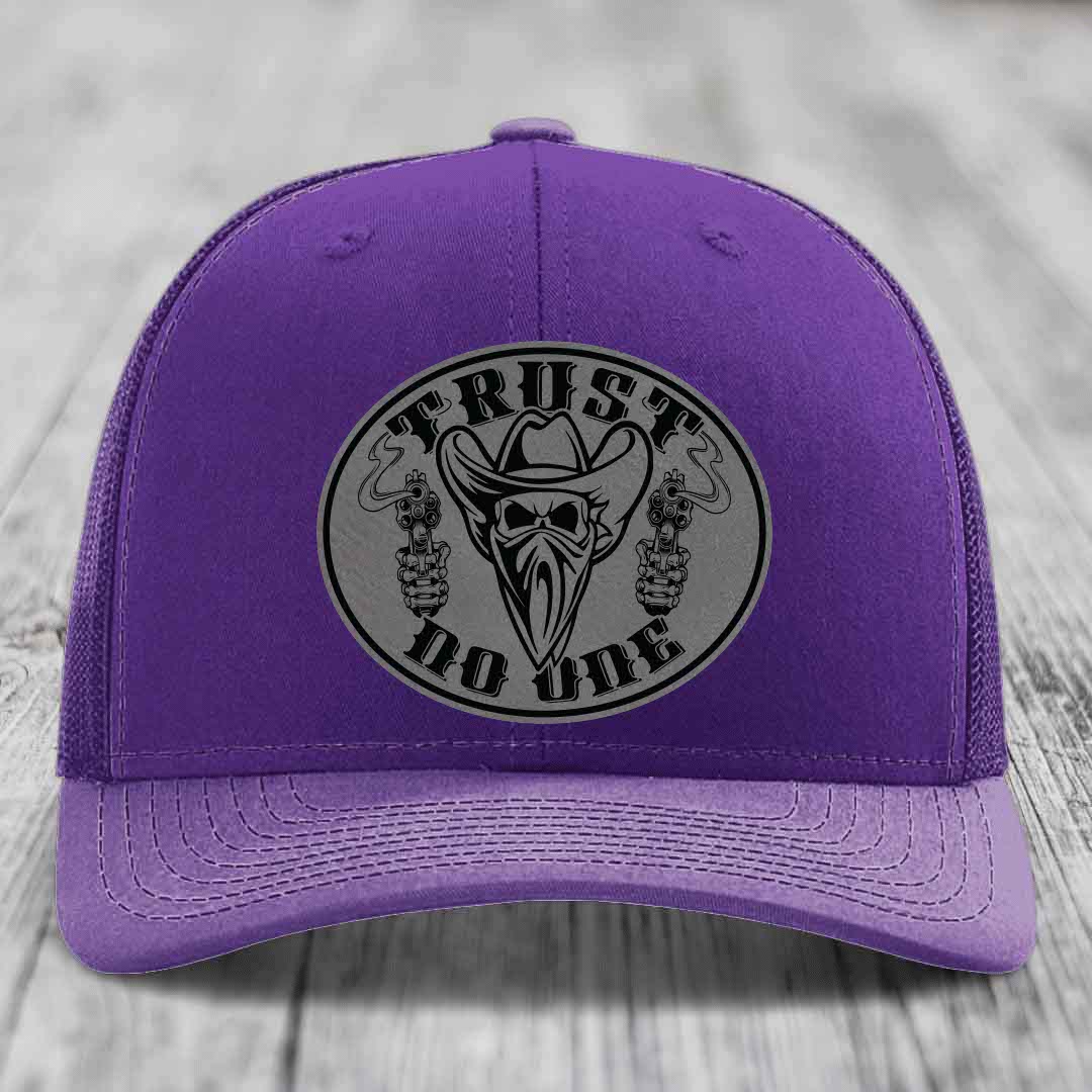 Trust No One - Leather Patch Hat - Grey to Black Patch - Richardson 112 Snapback Trucker Hat