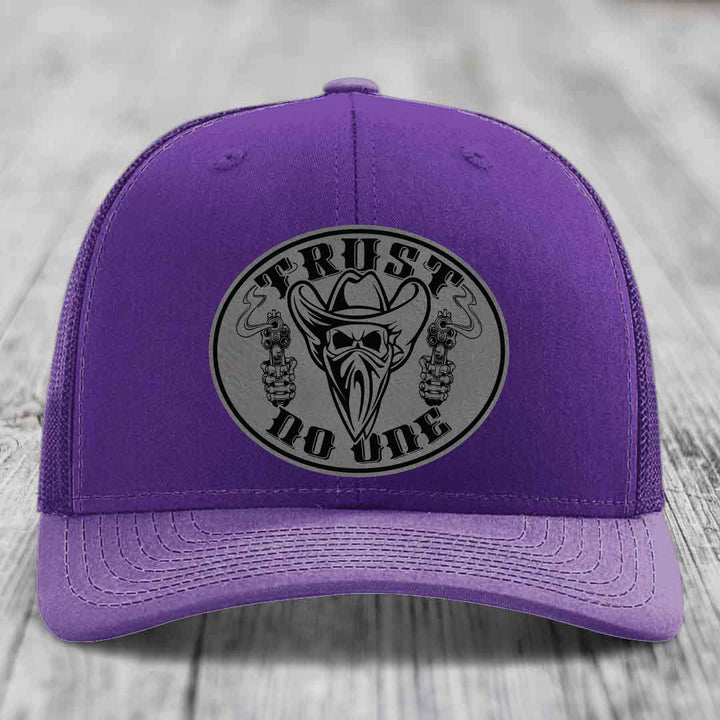Trust No One - Leather Patch Hat - Grey to Black Patch - Richardson 112 Snapback Trucker Hat