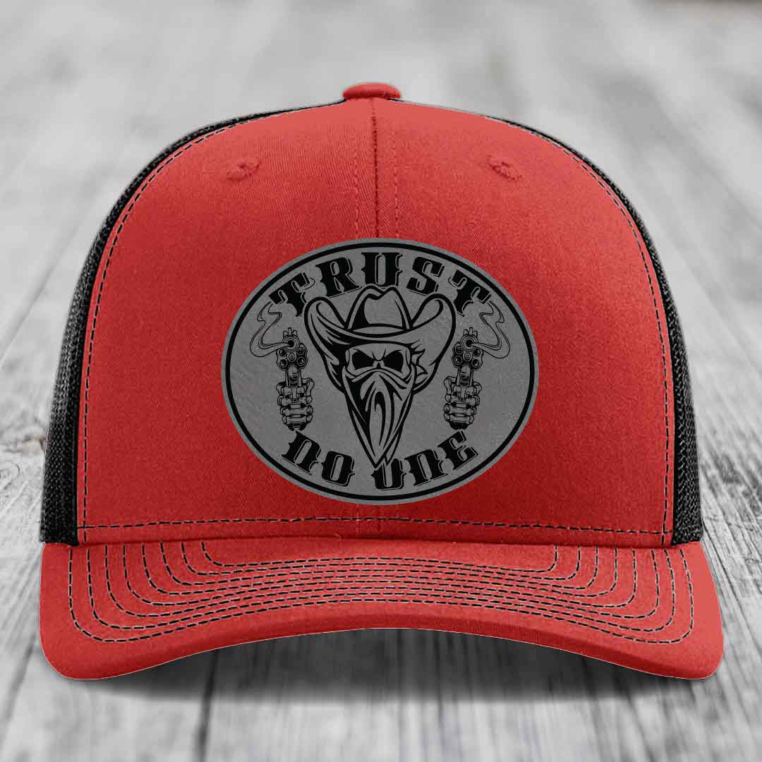 Trust No One - Leather Patch Hat - Grey to Black Patch - Richardson 112 Snapback Trucker Hat