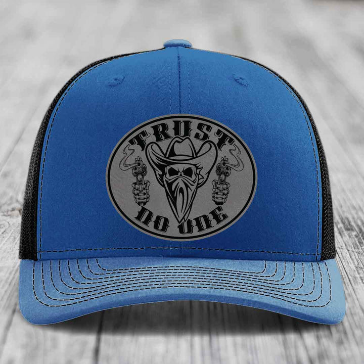 Trust No One - Leather Patch Hat - Grey to Black Patch - Richardson 112 Snapback Trucker Hat