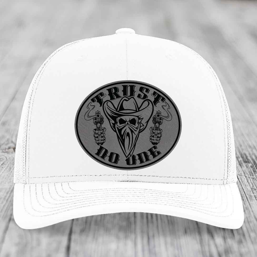 Trust No One - Leather Patch Hat - Grey to Black Patch - Richardson 112 Snapback Trucker Hat
