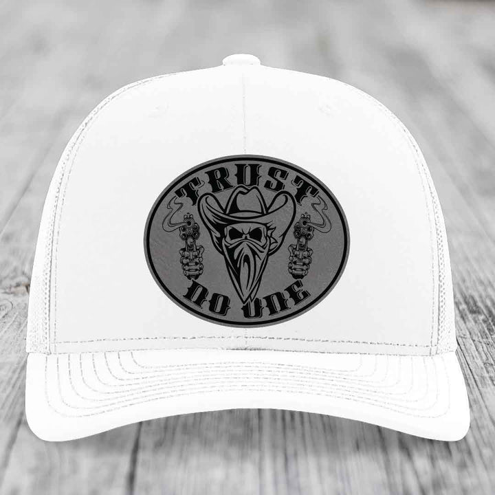 Trust No One - Leather Patch Hat - Grey to Black Patch - Richardson 112 Snapback Trucker Hat
