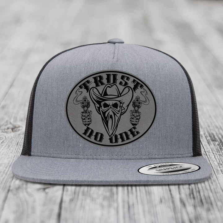 Trust No One - Leather Patch Hat - Grey to Black Patch - Yupoong 6006 Snapback Flatbill Hat