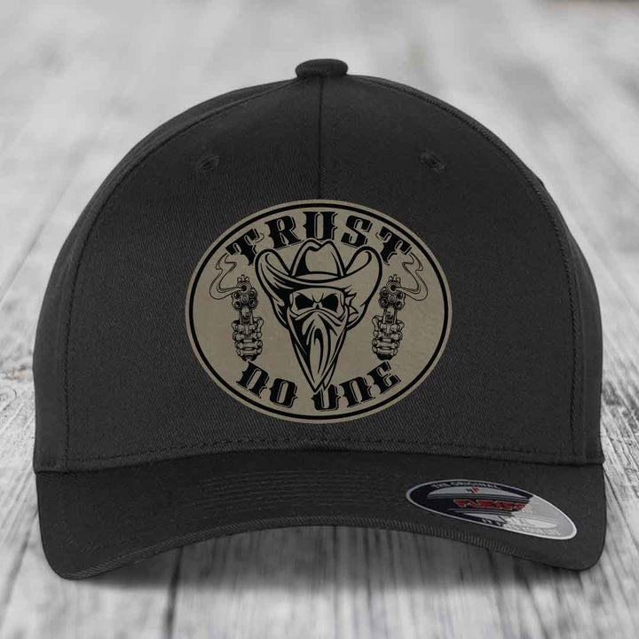 Trust No One - Leather Patch Hat - Light Brown to Black Patch - Flexfit 6277 Fitted Hat