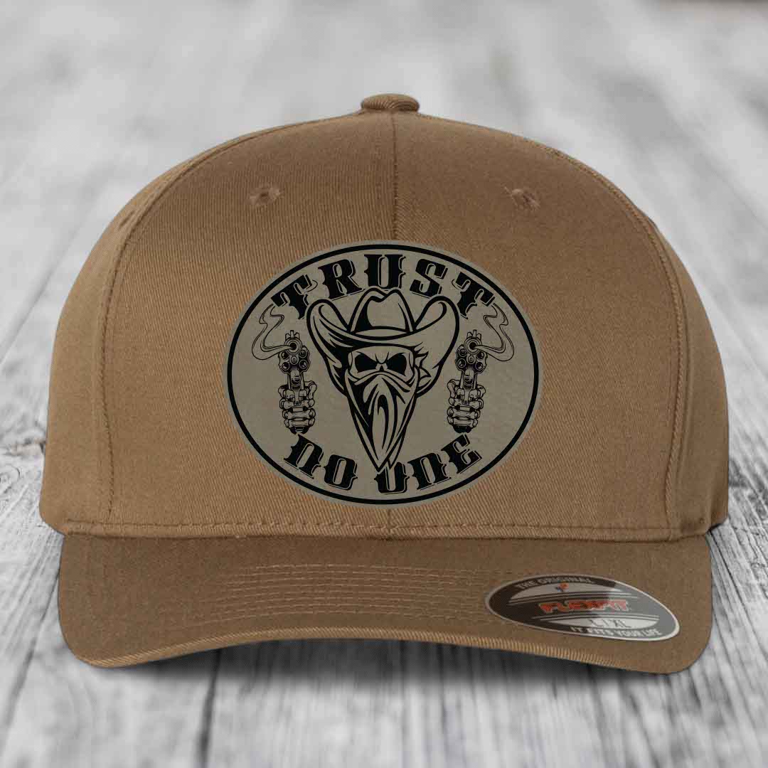 Trust No One - Leather Patch Hat - Light Brown to Black Patch - Flexfit 6277 Fitted Hat