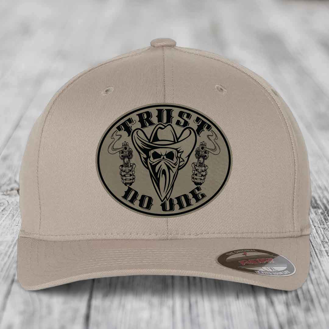 Trust No One - Leather Patch Hat - Light Brown to Black Patch - Flexfit 6277 Fitted Hat