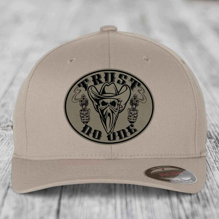 Trust No One - Leather Patch Hat - Light Brown to Black Patch - Flexfit 6277 Fitted Hat
