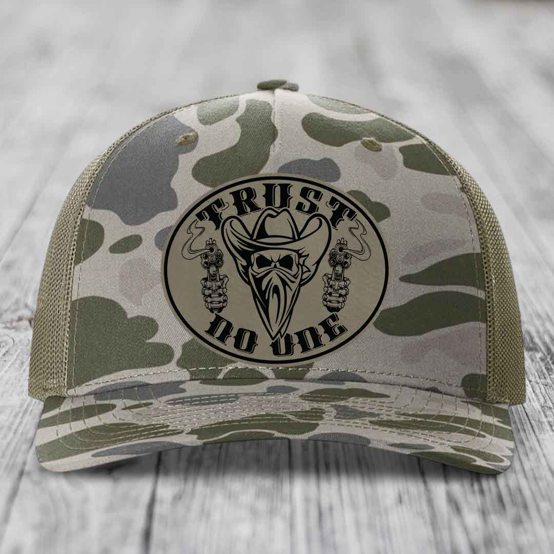 Trust No One - Leather Patch Hat - Light Brown to Black Patch - Richardson 112PFP Snapback Trucker Hat