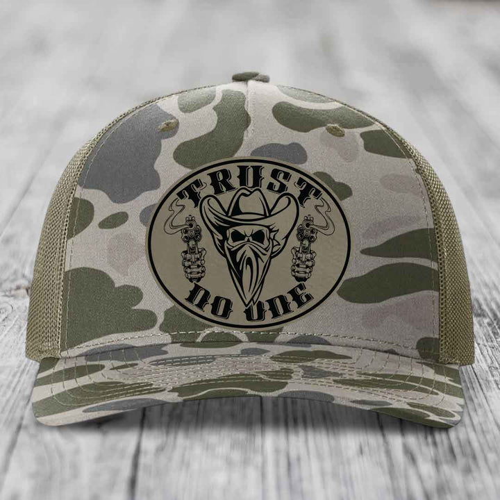 Trust No One - Leather Patch Hat - Light Brown to Black Patch - Richardson 112PFP Snapback Trucker Hat