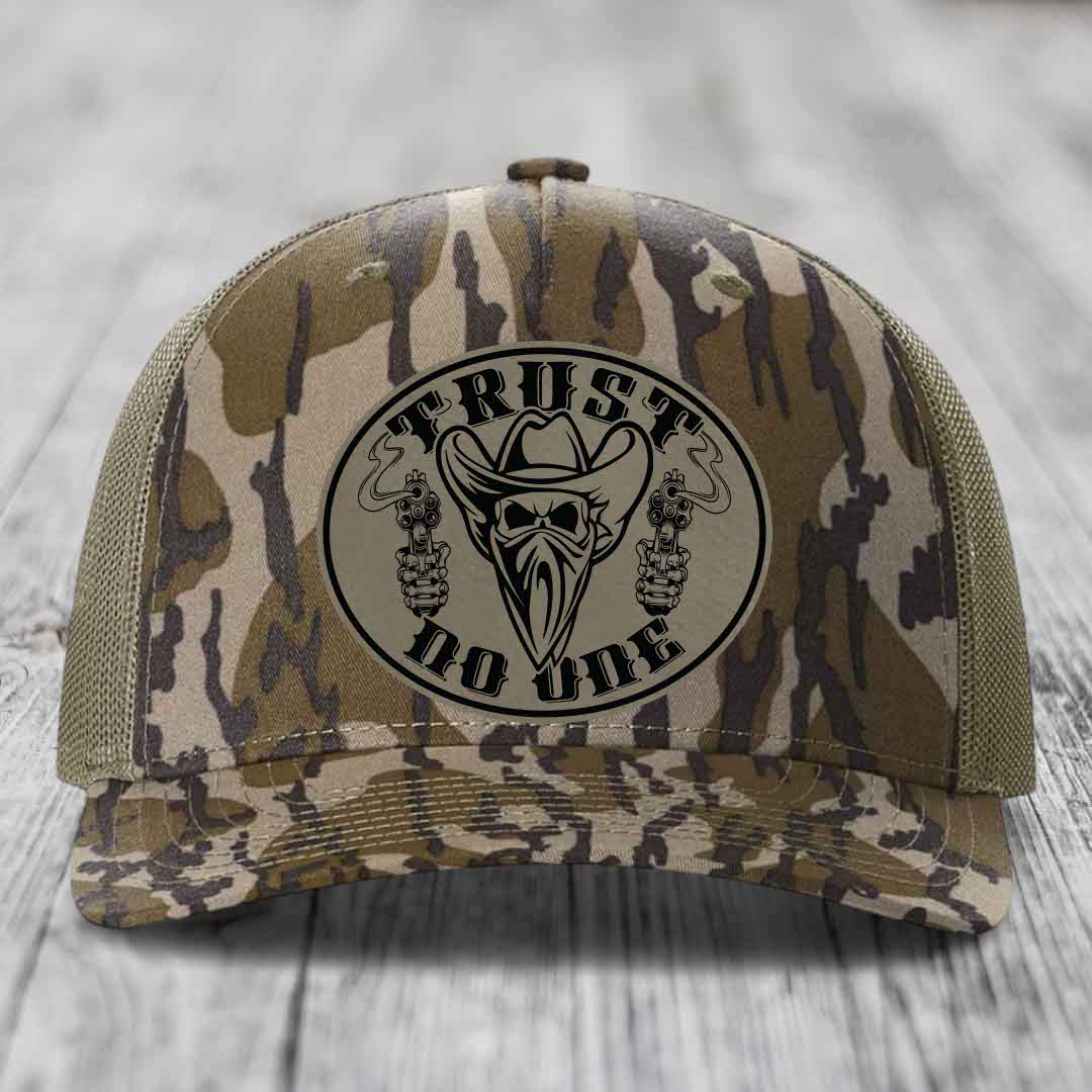Trust No One - Leather Patch Hat - Light Brown to Black Patch - Richardson 112PFP Snapback Trucker Hat