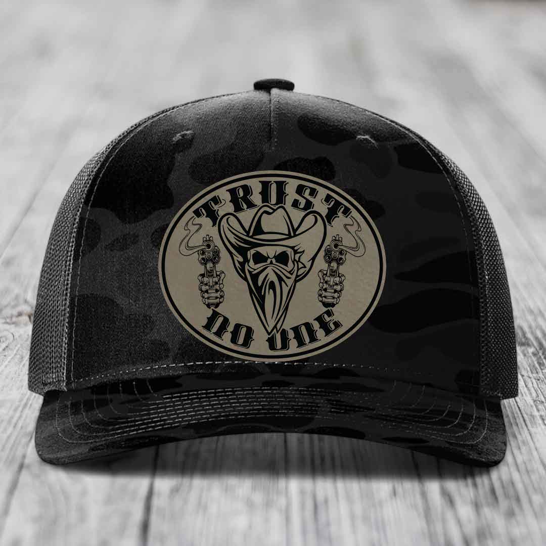 Trust No One - Leather Patch Hat - Light Brown to Black Patch - Richardson 112PFP Snapback Trucker Hat